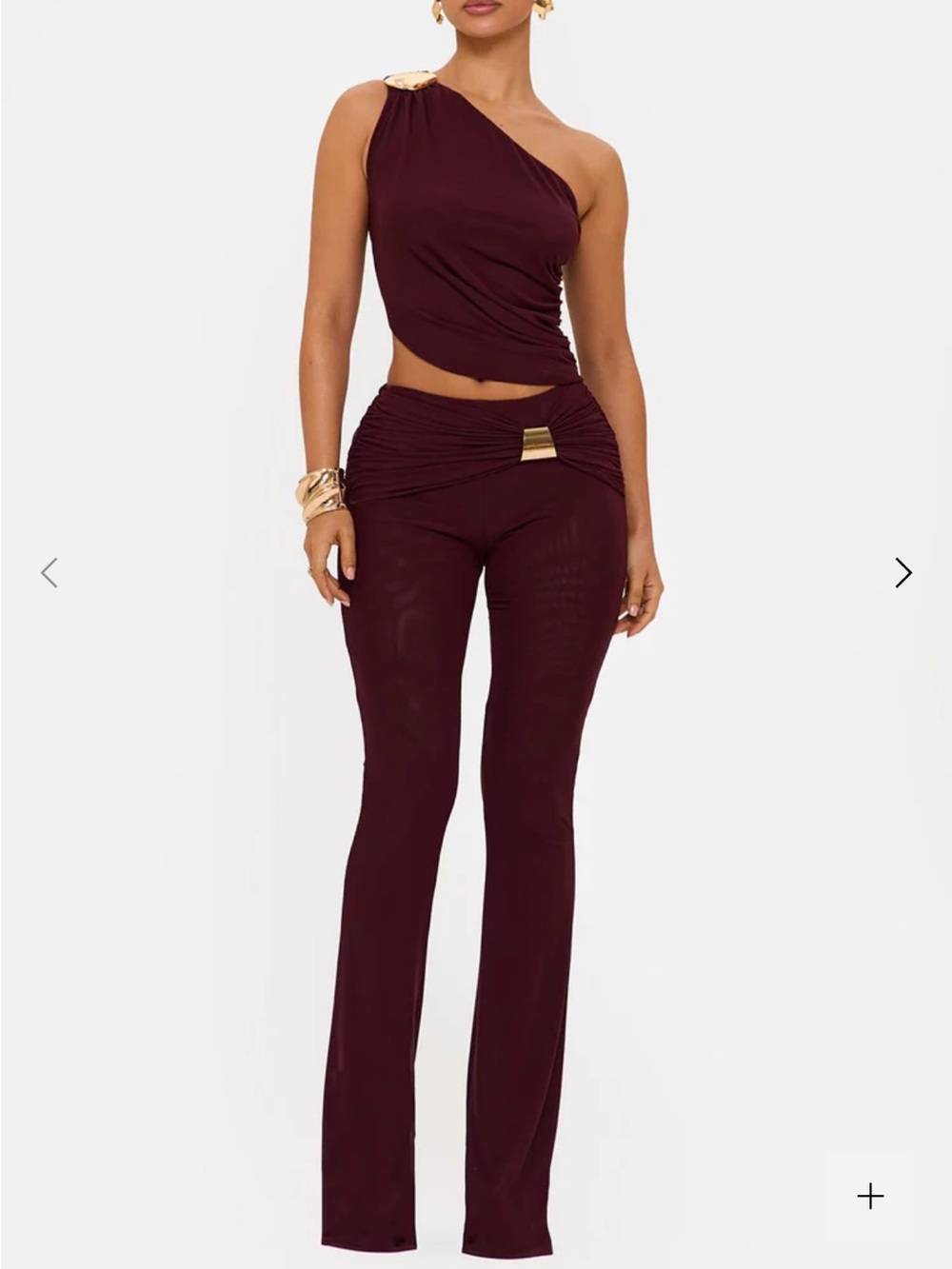 One-Shoulder Burgundy Boot-Cut Jumpsuit with Gold Accent